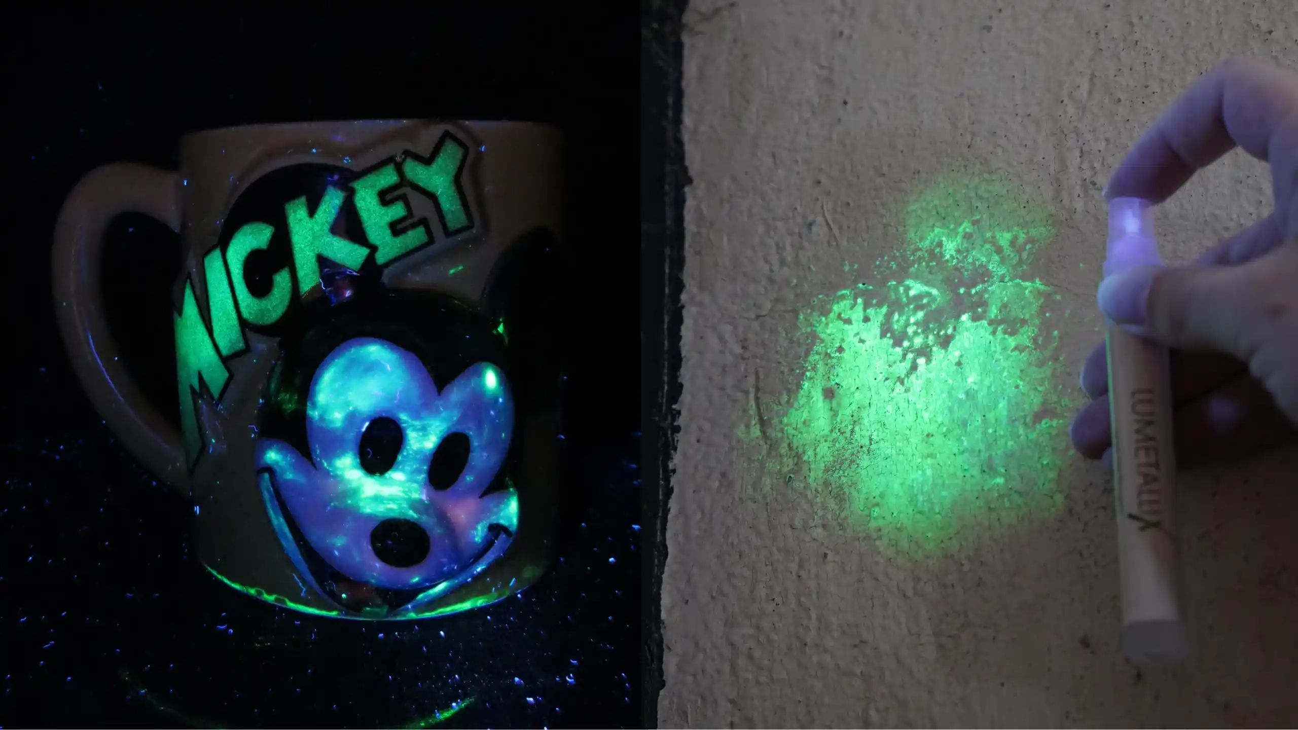 Deteriorating lead paint makes a Mickey Mouse mug and a wall light up green