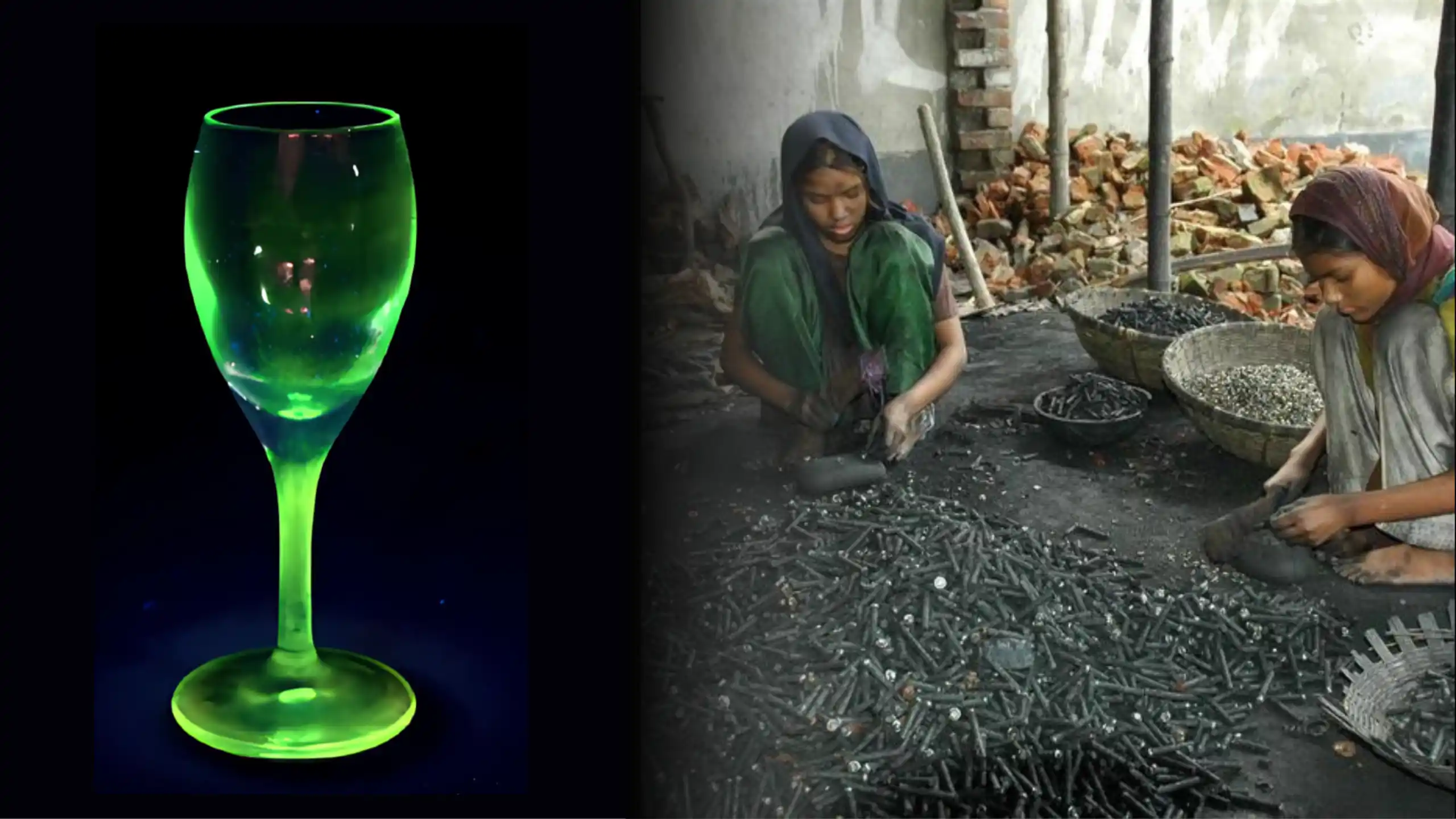 Left: a wine glass glows green. Right: two women are separating metals without protections